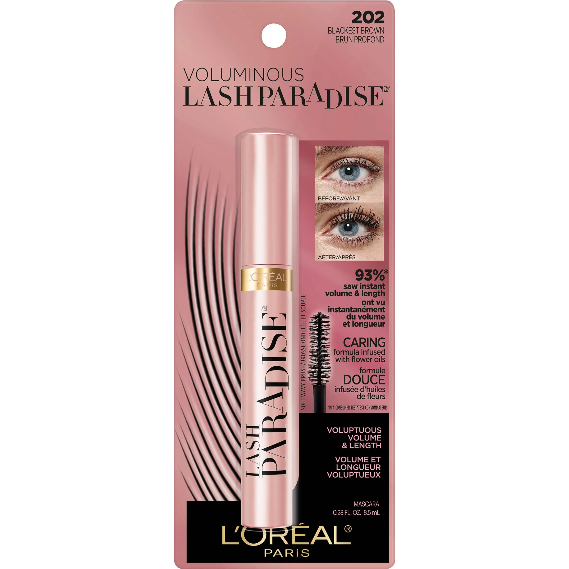 L'Oreal Paris Voluminous Makeup Lash Paradise Mascara, Voluptuous Volume, Intense Length, Feathery Soft Full Lashes, No Flaking, No Smudging, No Clumping, Black Brown, 0.25 Fl Oz (Pack of 1)