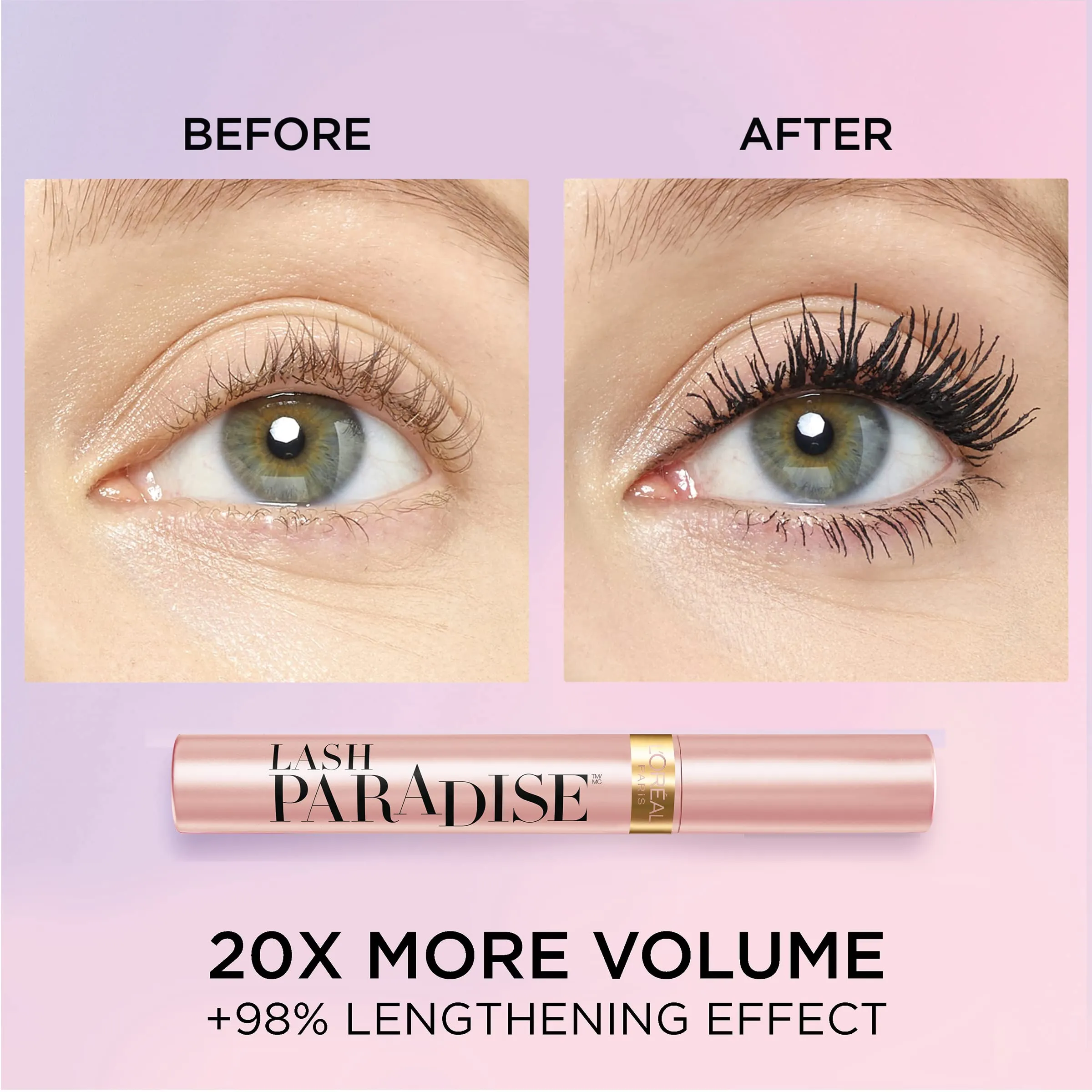 L'Oreal Paris Voluminous Makeup Lash Paradise Mascara, Voluptuous Volume, Intense Length, Feathery Soft Full Lashes, No Flaking, No Smudging, No Clumping, Black Brown, 0.25 Fl Oz (Pack of 1)