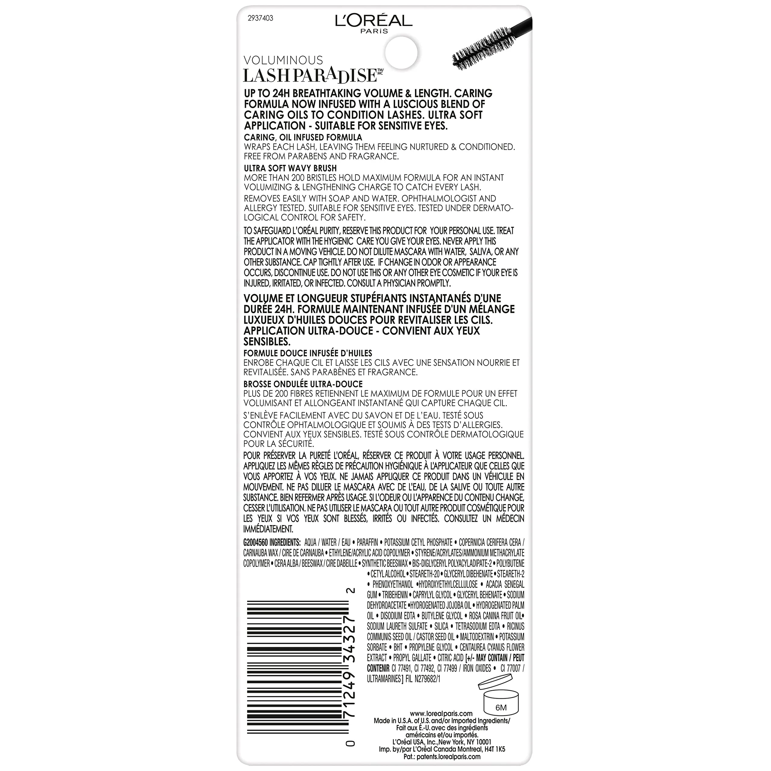 L'Oreal Paris Voluminous Makeup Lash Paradise Mascara, Voluptuous Volume, Intense Length, Feathery Soft Full Lashes, No Flaking, No Smudging, No Clumping, Black Brown, 0.25 Fl Oz (Pack of 1)