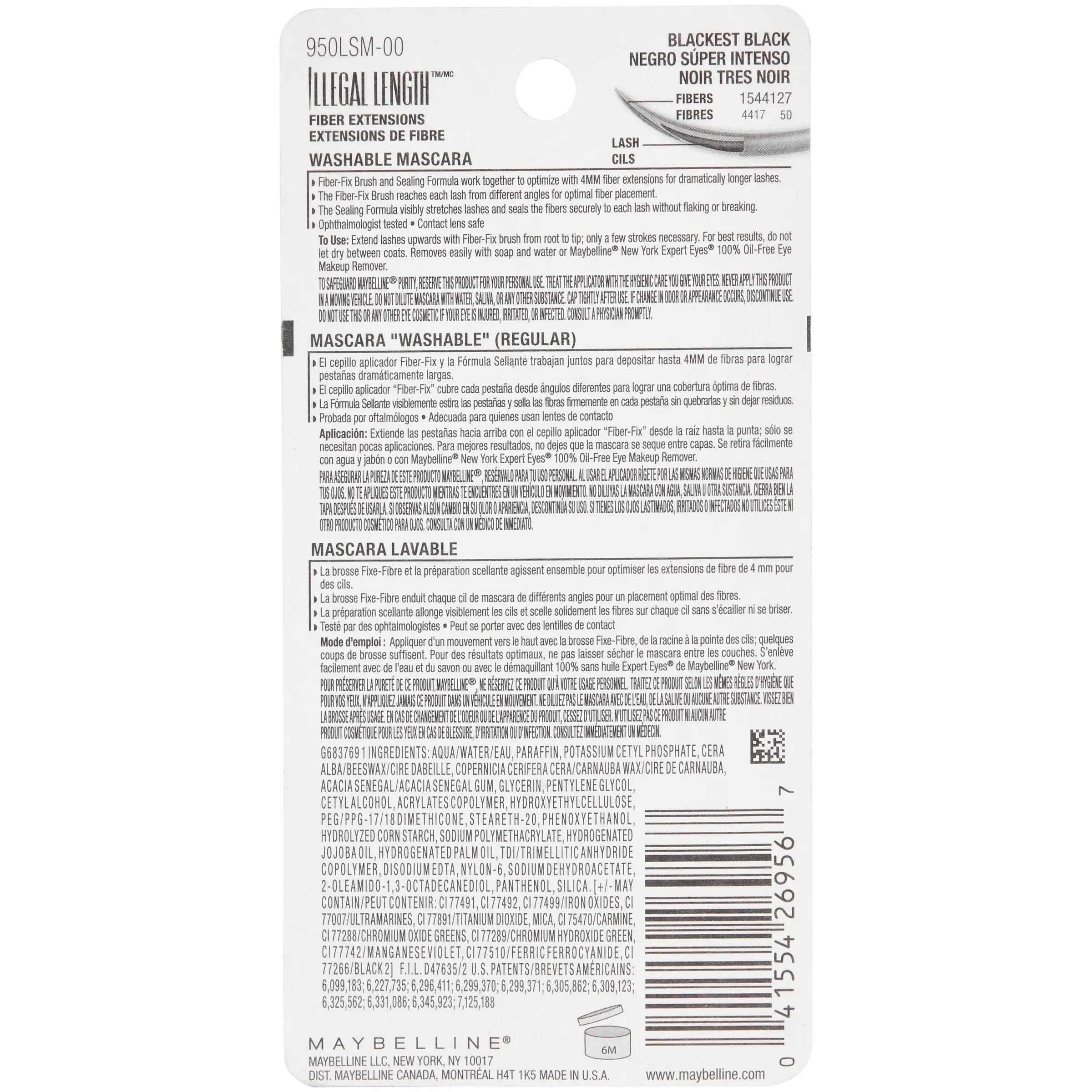 Maybelline New York Illegal Length Fiber Extensions Washable Mascara, Instant Lashes, No Flaking, Blackest Black, 0.22 Fl Oz, 1 Count