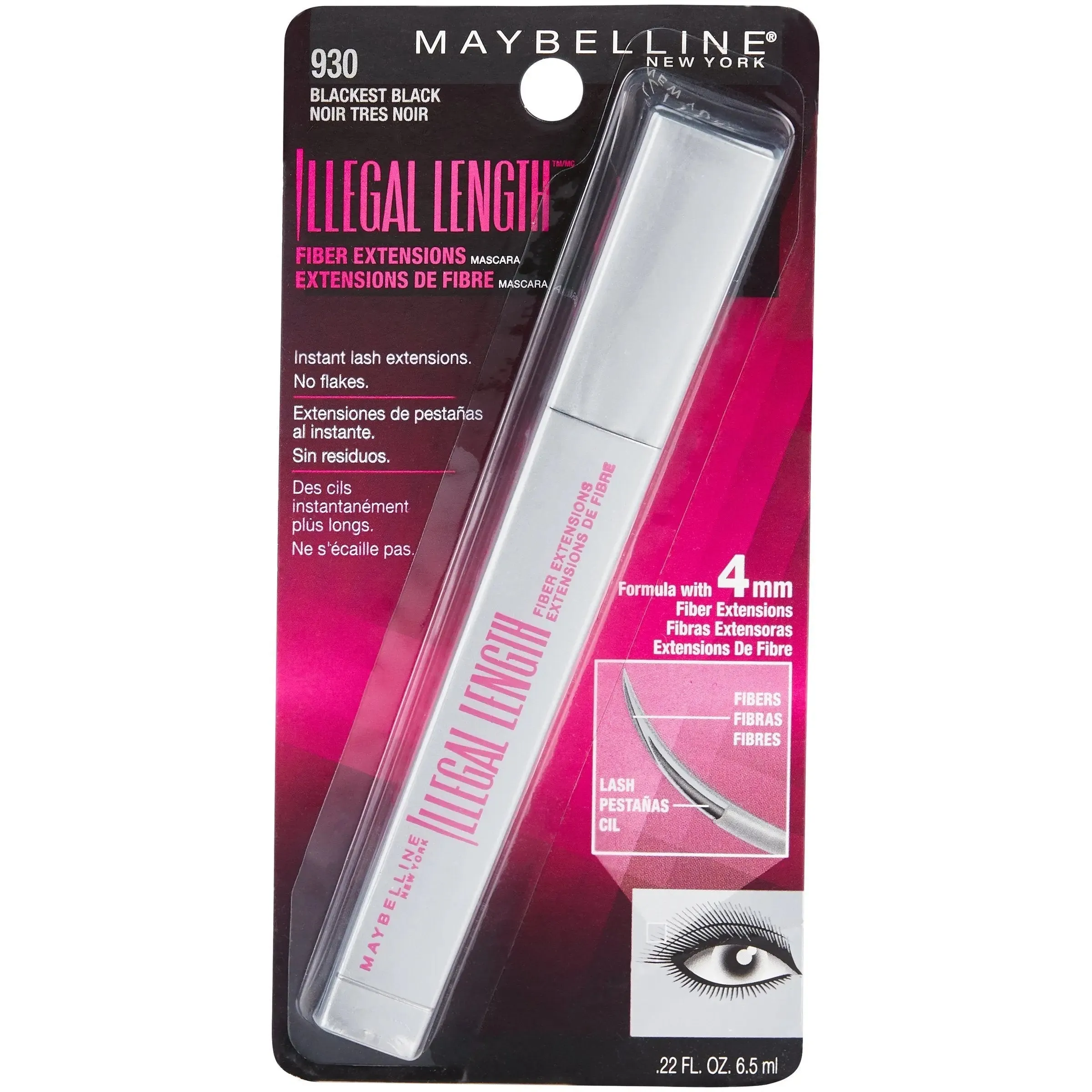 Maybelline New York Illegal Length Fiber Extensions Washable Mascara, Instant Lashes, No Flaking, Blackest Black, 0.22 Fl Oz, 1 Count