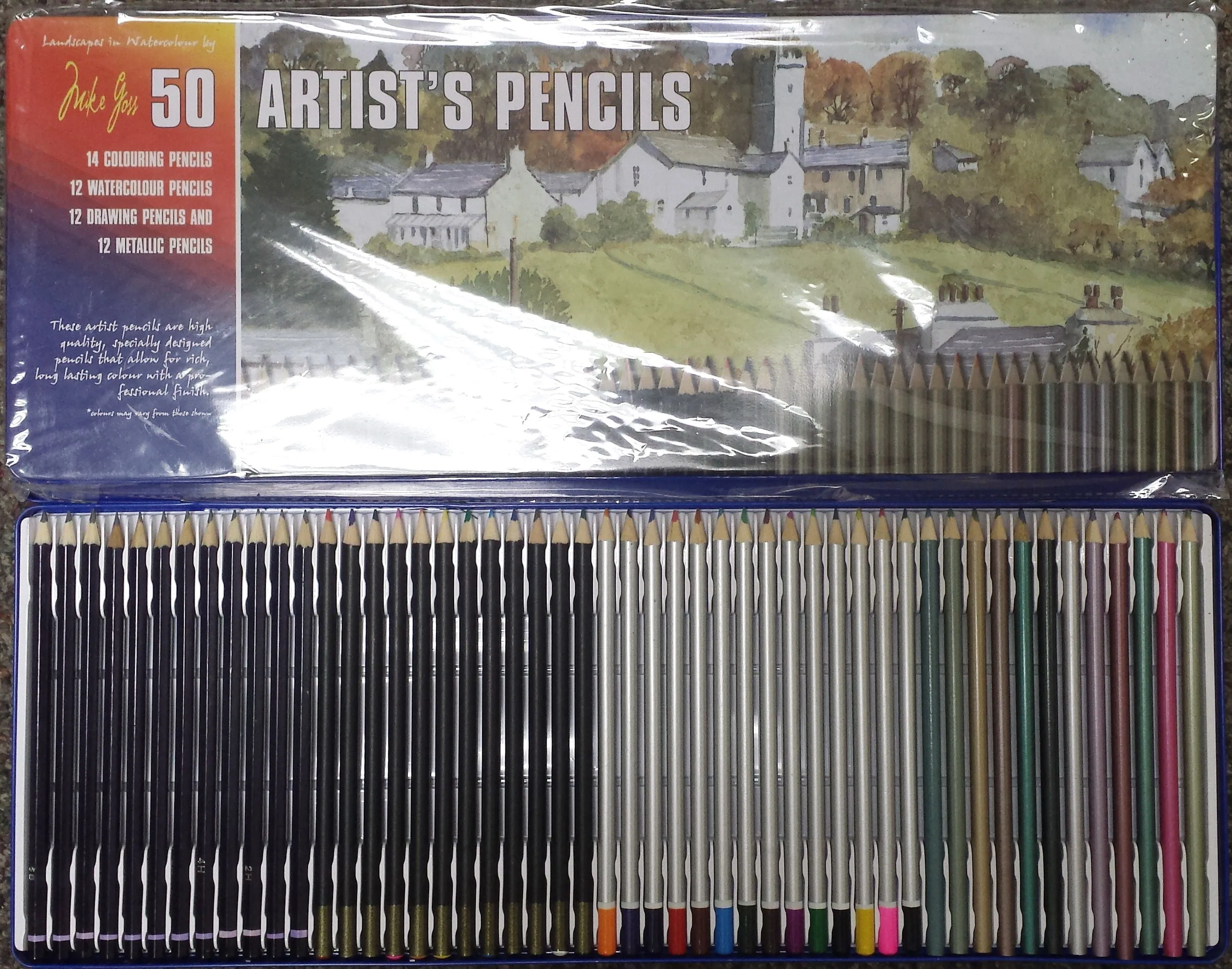 New Mike Goss Set Of 50 Artist's Pencils in Tin Case!
