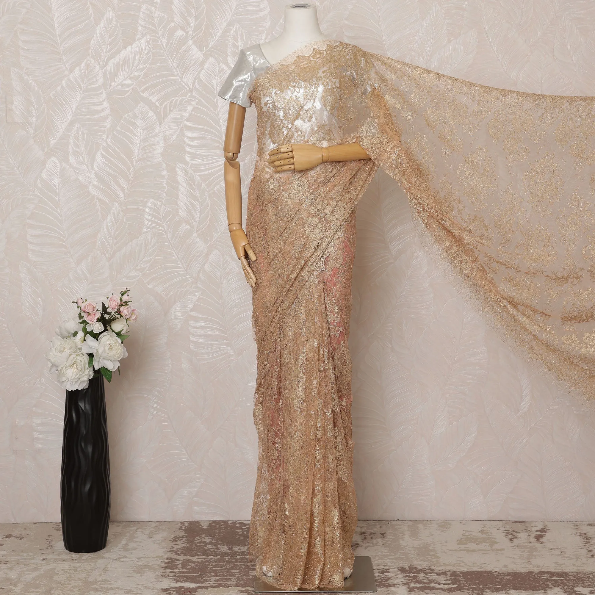 Peach Metallic Premium French Chantilly Saree Lace - 5.5 Meters, Floral Design, 110 cm Width-D20779