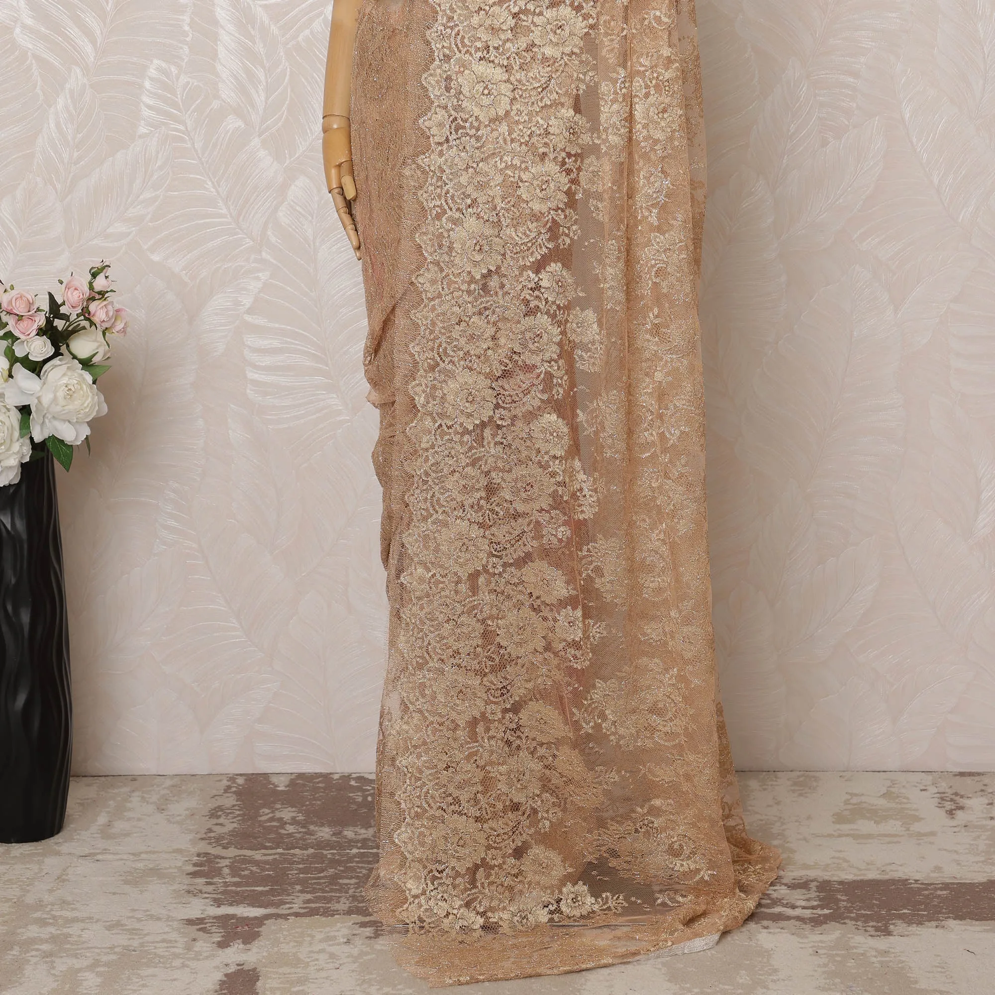 Peach Metallic Premium French Chantilly Saree Lace - 5.5 Meters, Floral Design, 110 cm Width-D20779
