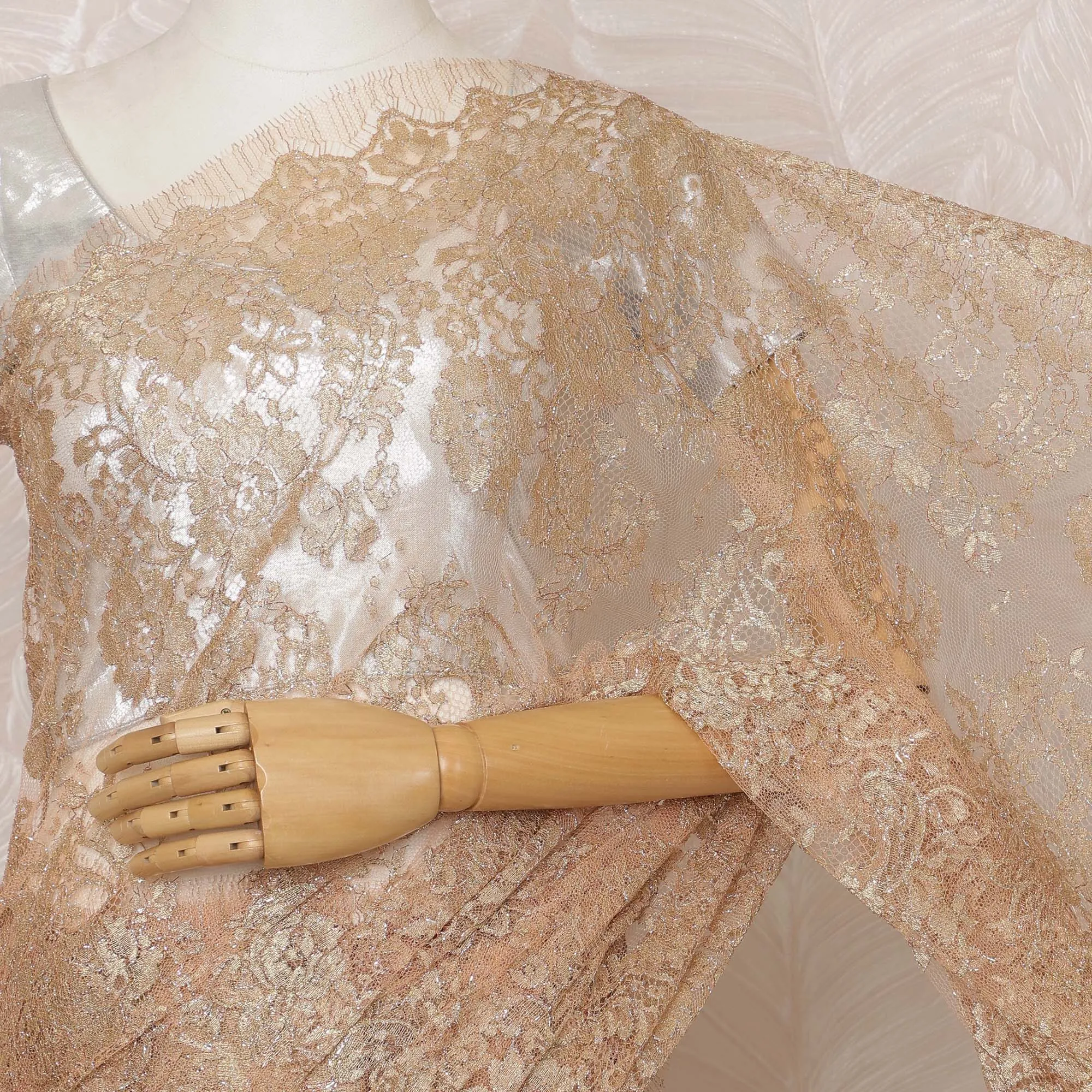 Peach Metallic Premium French Chantilly Saree Lace - 5.5 Meters, Floral Design, 110 cm Width-D20779