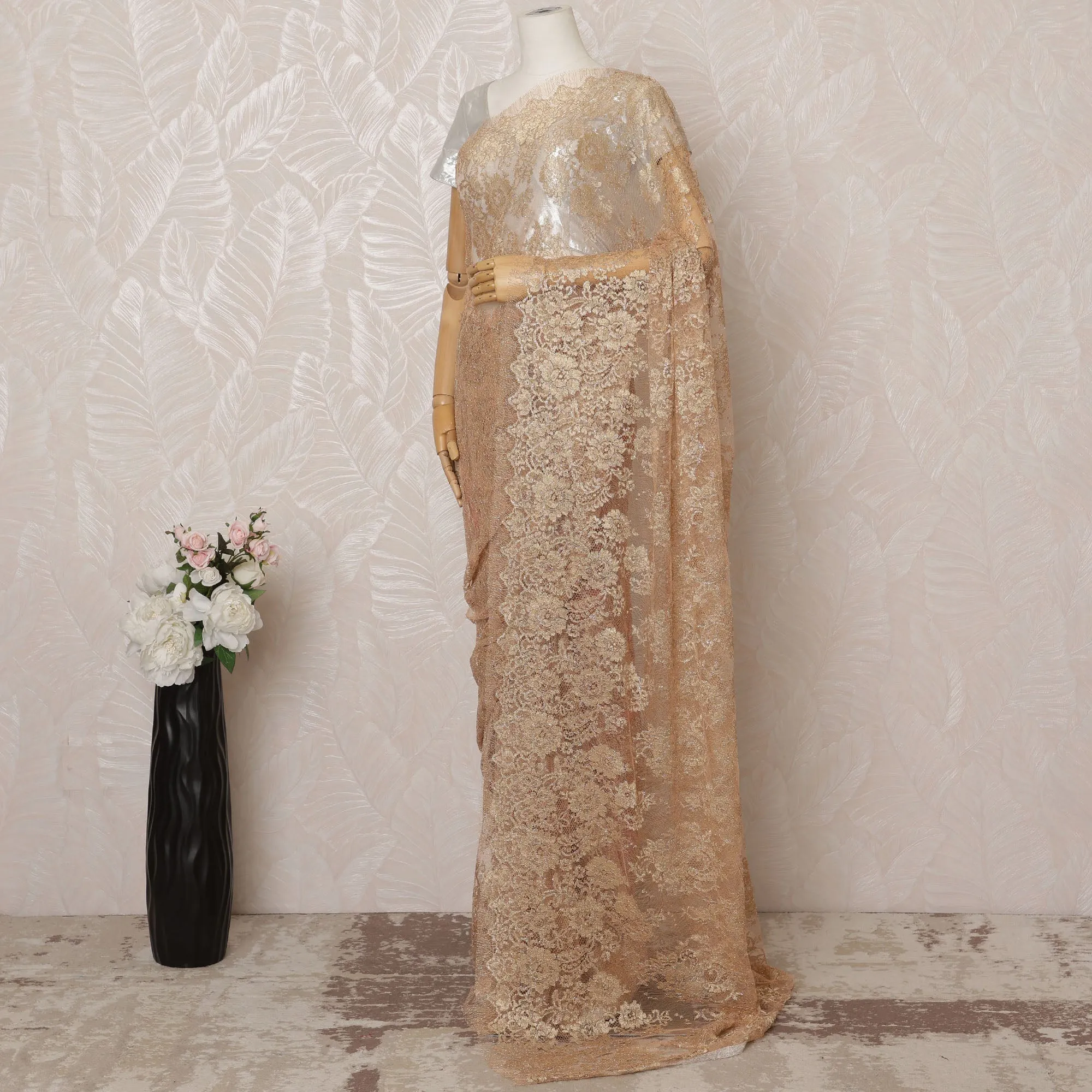 Peach Metallic Premium French Chantilly Saree Lace - 5.5 Meters, Floral Design, 110 cm Width-D20779