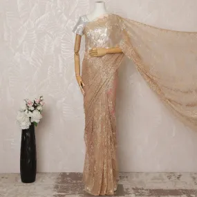 Peach Metallic Premium French Chantilly Saree Lace - 5.5 Meters, Floral Design, 110 cm Width-D20779