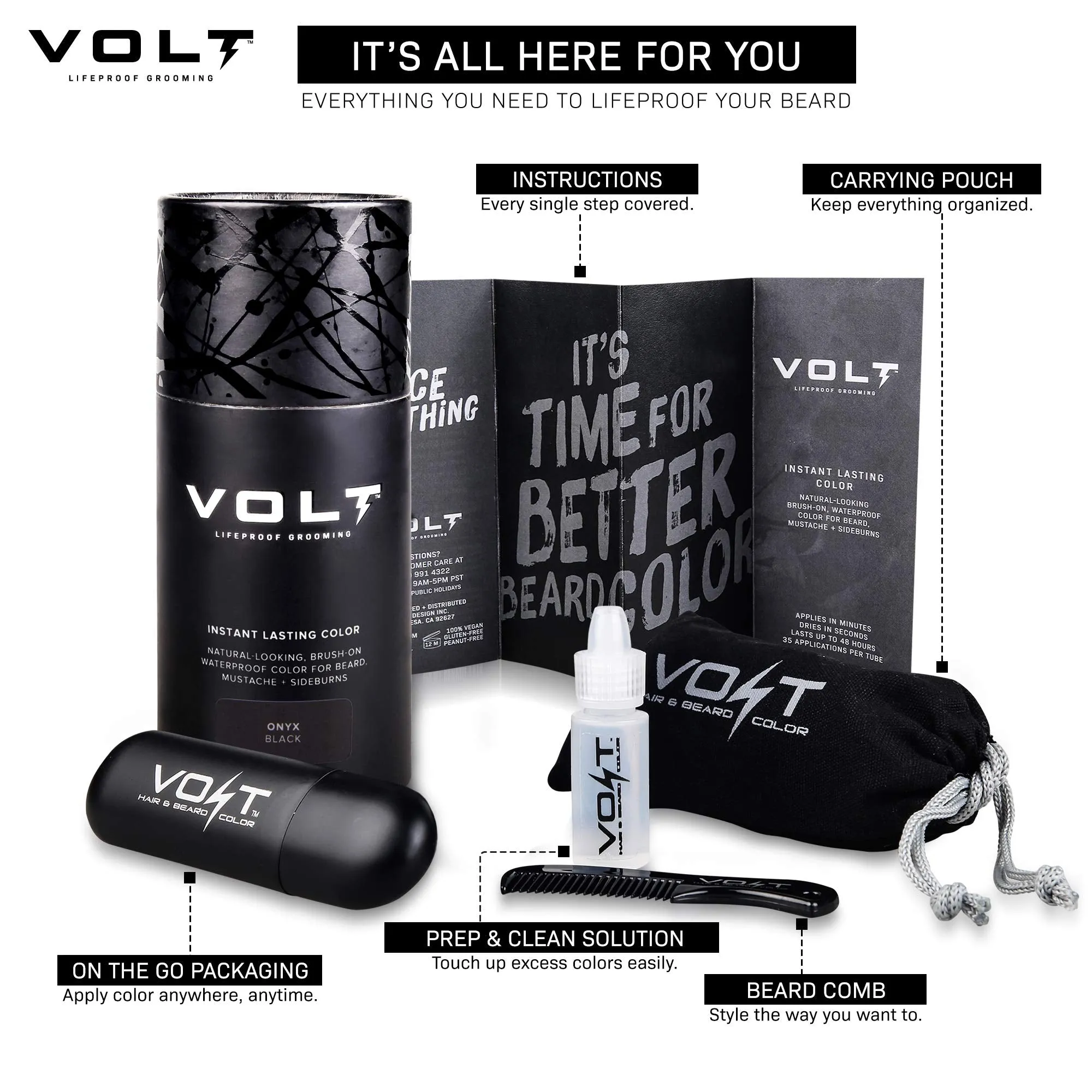 VOLT Grooming Instant Beard Color - Smudge and Water Resistant Quick Drying Brush on Color for Beards and Mustaches, Onyx (Black)