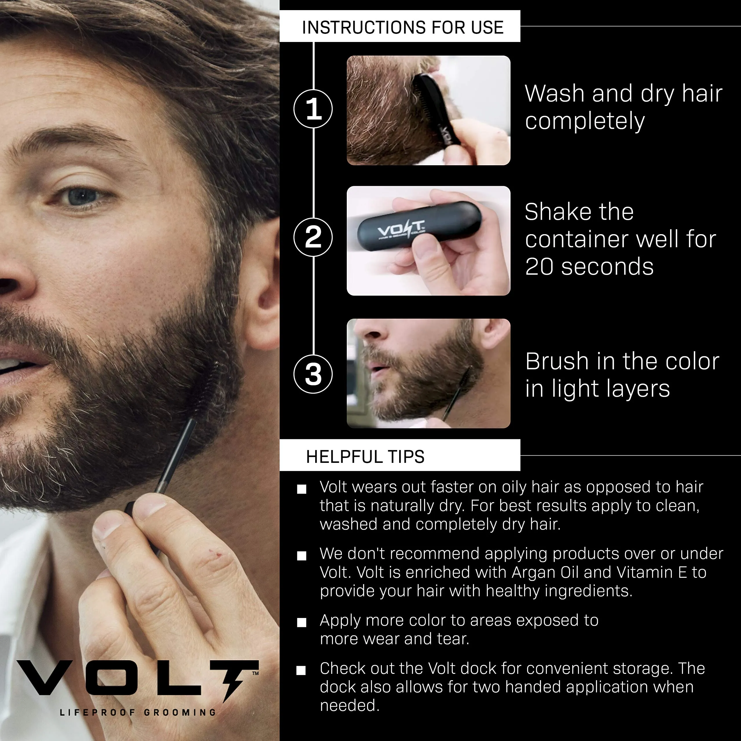 VOLT Grooming Instant Beard Color - Smudge and Water Resistant Quick Drying Brush on Color for Beards and Mustaches, Onyx (Black)