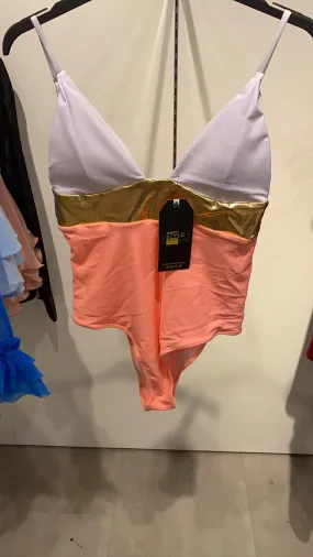 White and Peach Gold Strappy Swimsuit